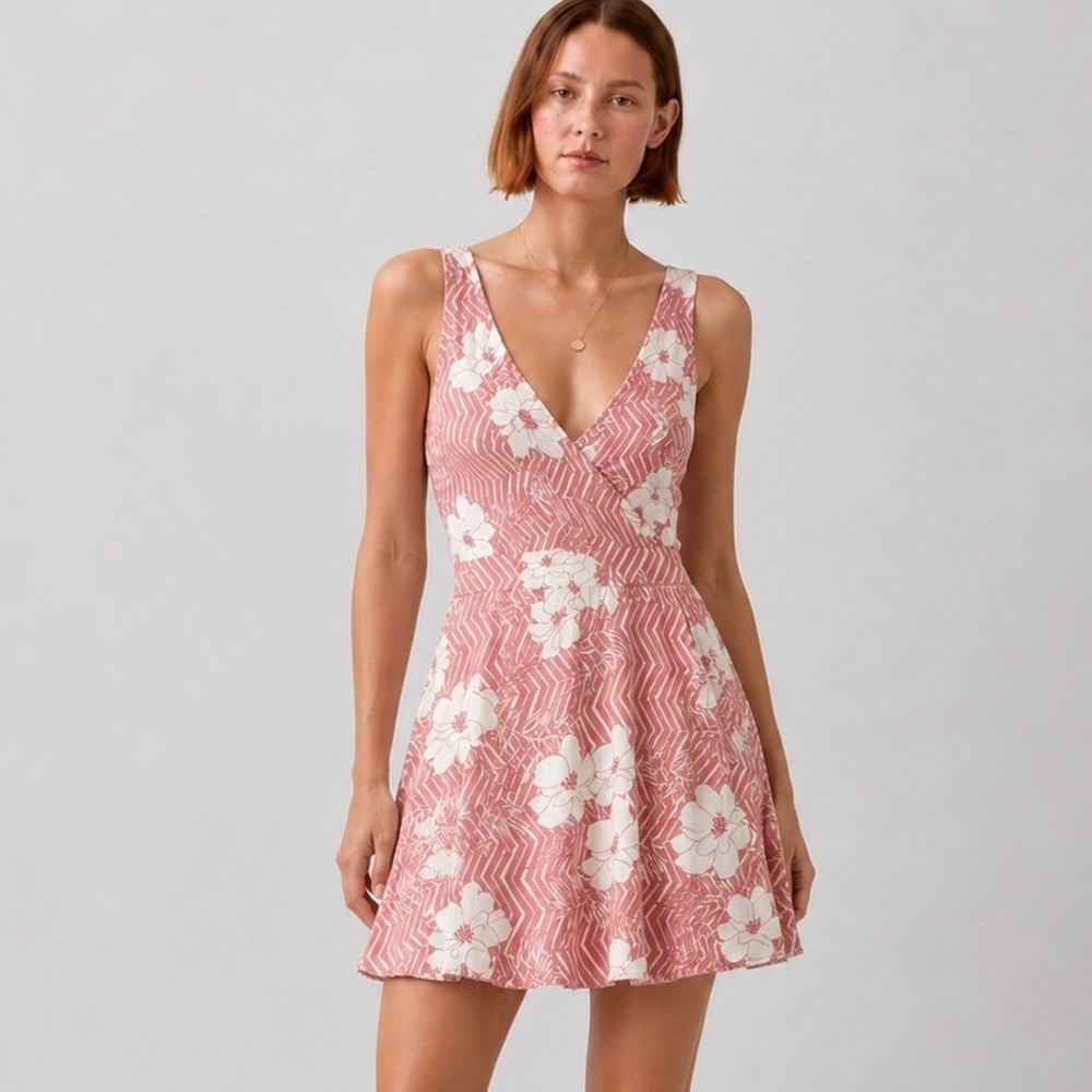 Lulus Pink Floral Chevron Mini Dress XL New Tropical V-Neck Sleeveless Tie Back